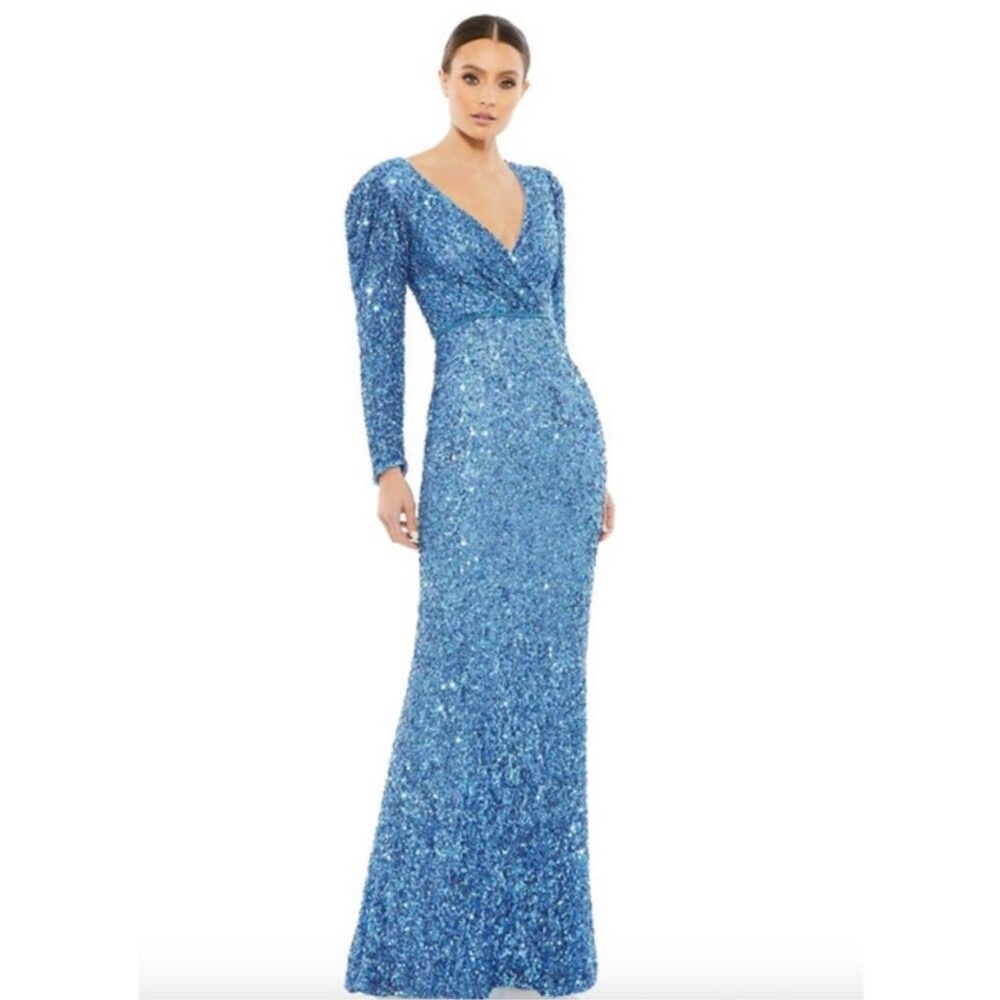 Mac Duggal Sky Blue Sequin Long Sleeve Gown
